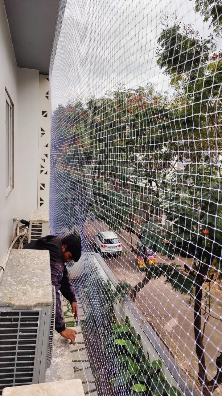 Close-up of a pigeon net installation